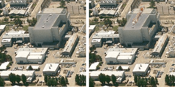 Left: MFTF-B building at LLNL (2009 image). Rt: Same with scaled diagram over the building